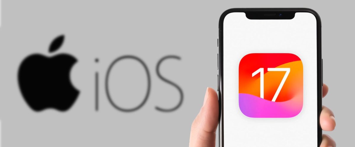 Bild von einem iPhone, das neben ein Apple Symbol und Schrift gehalten wird. Schrift im Hintergrund und auf dem Bildschirm liest sich iOS 17.