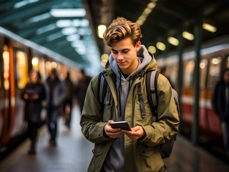 Ein junger Mann nutzt Google Maps am Bahnsteig.