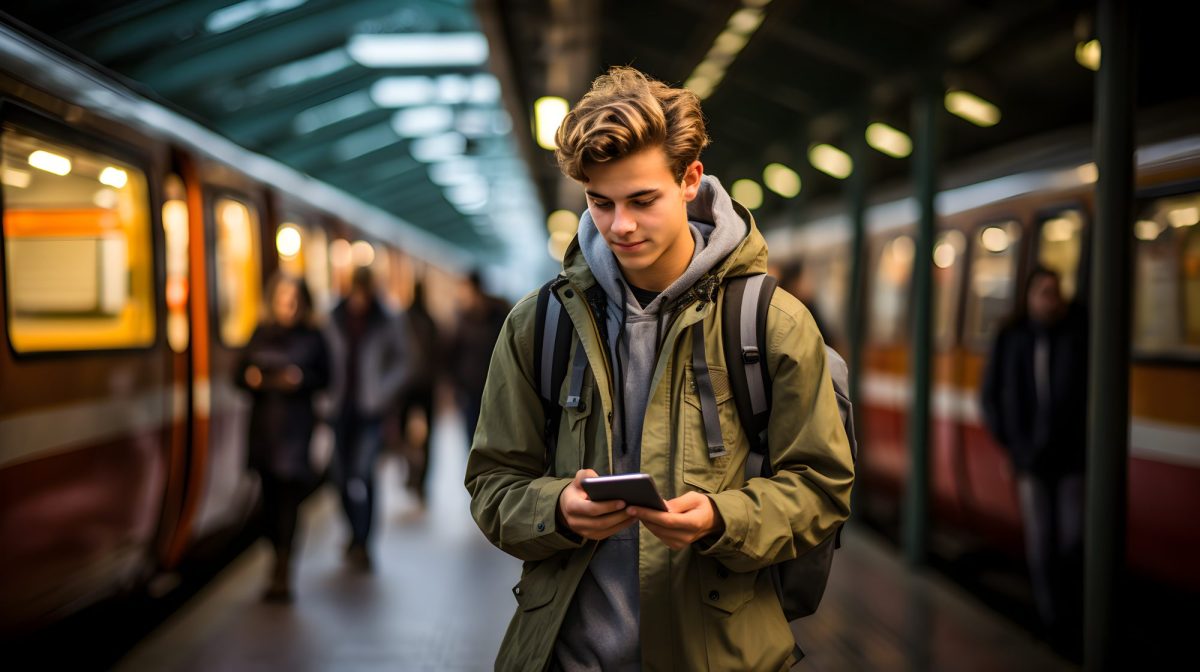 Ein junger Mann nutzt Google Maps am Bahnsteig.