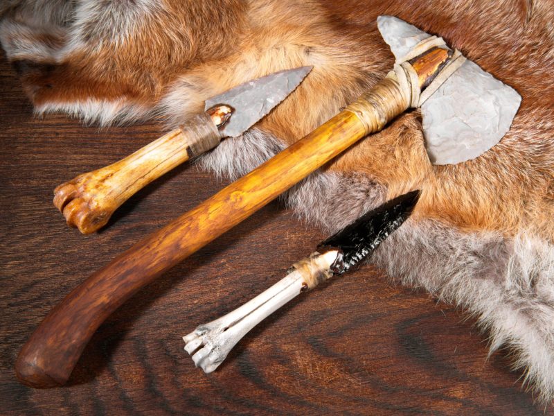 Mehrere prähistorische Waffen nebeneinander aufgereiht (Symbolbild).