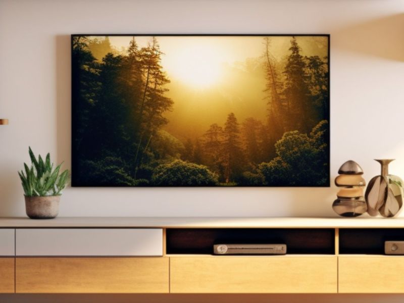 Fernseher mit Naturaufnahme an der Wand montiert.