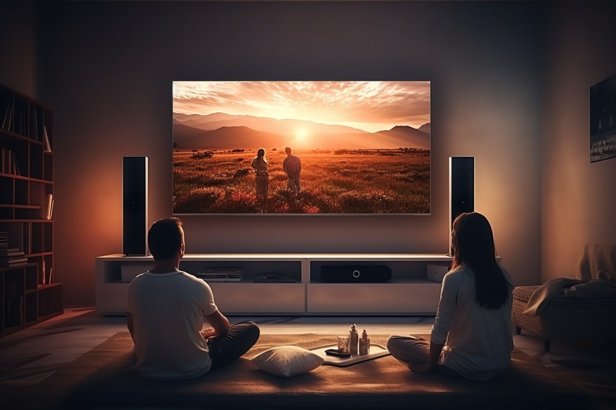 Zwei Personen sitzen vor einem großen Fernseher (KI-Illustration).