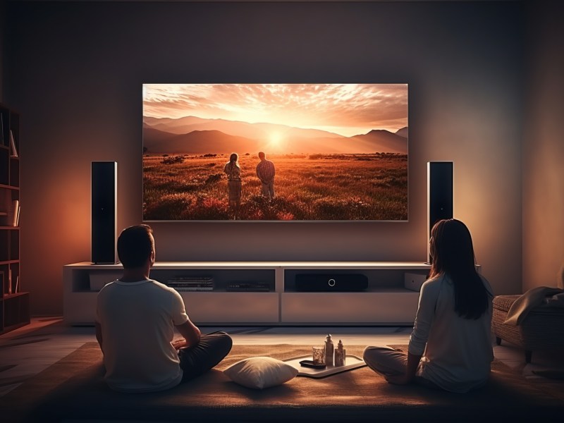 Zwei Personen sitzen vor einem großen Fernseher (KI-Illustration).