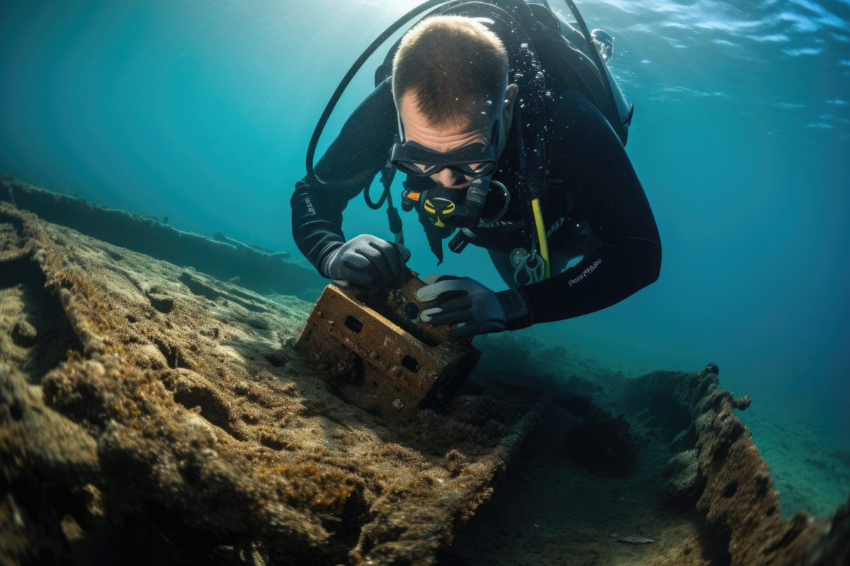 Ein Taucher macht einen archäologischen Fund auf dem Meeresgrund.