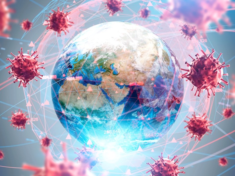 Illustration eines Netzes aus Viren, das die Welt umspannt