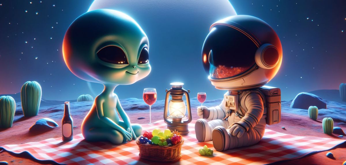 KI-generiertes Bild von einem Alien, das mit einem Astronauten ein Picknick auf einem fremden Planeten macht.