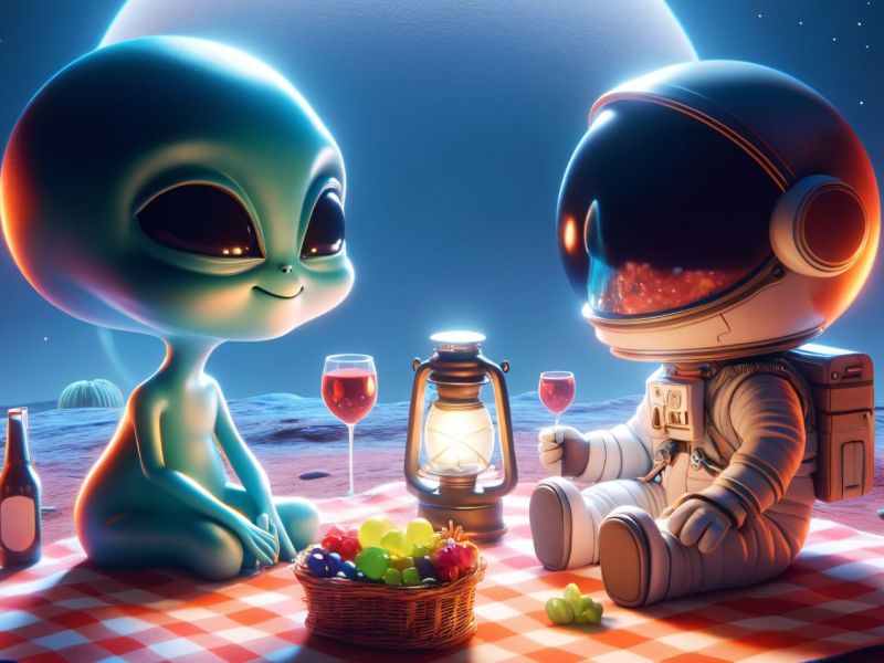 KI-generiertes Bild von einem Alien, das mit einem Astronauten ein Picknick auf einem fremden Planeten macht.