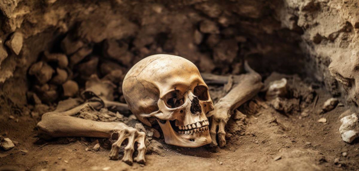 KI-generiertes Bild von einem Skelett bei einer archäologischen Ausgrabung.