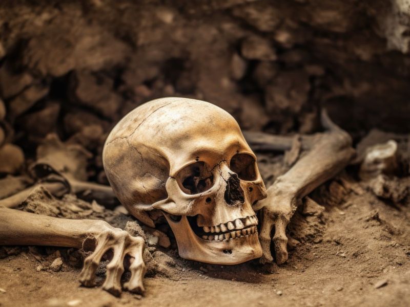KI-generiertes Bild von einem Skelett bei einer archäologischen Ausgrabung.