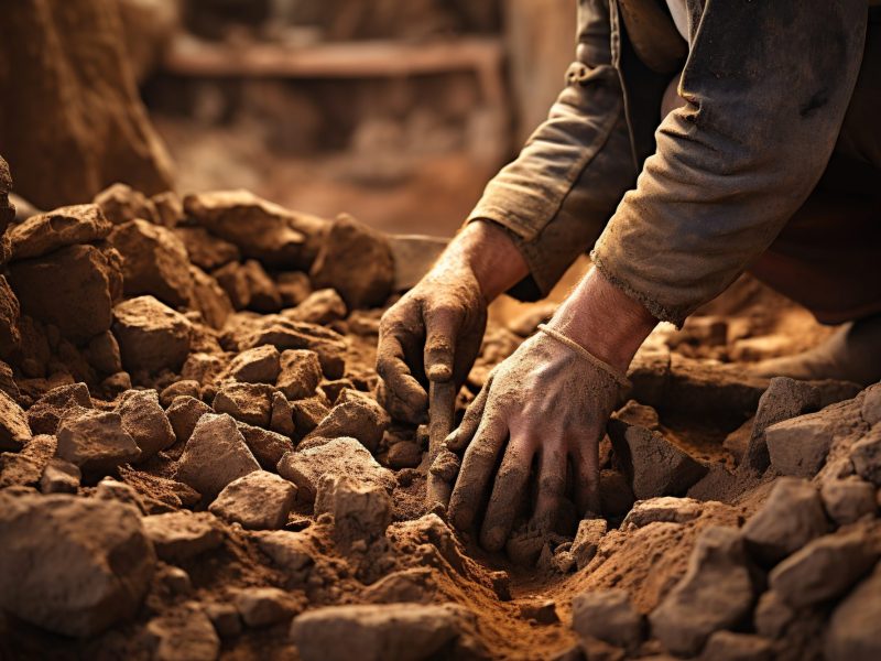 Ein Archäologe gräbt ein Objekt inmitten von Steinen aus.
