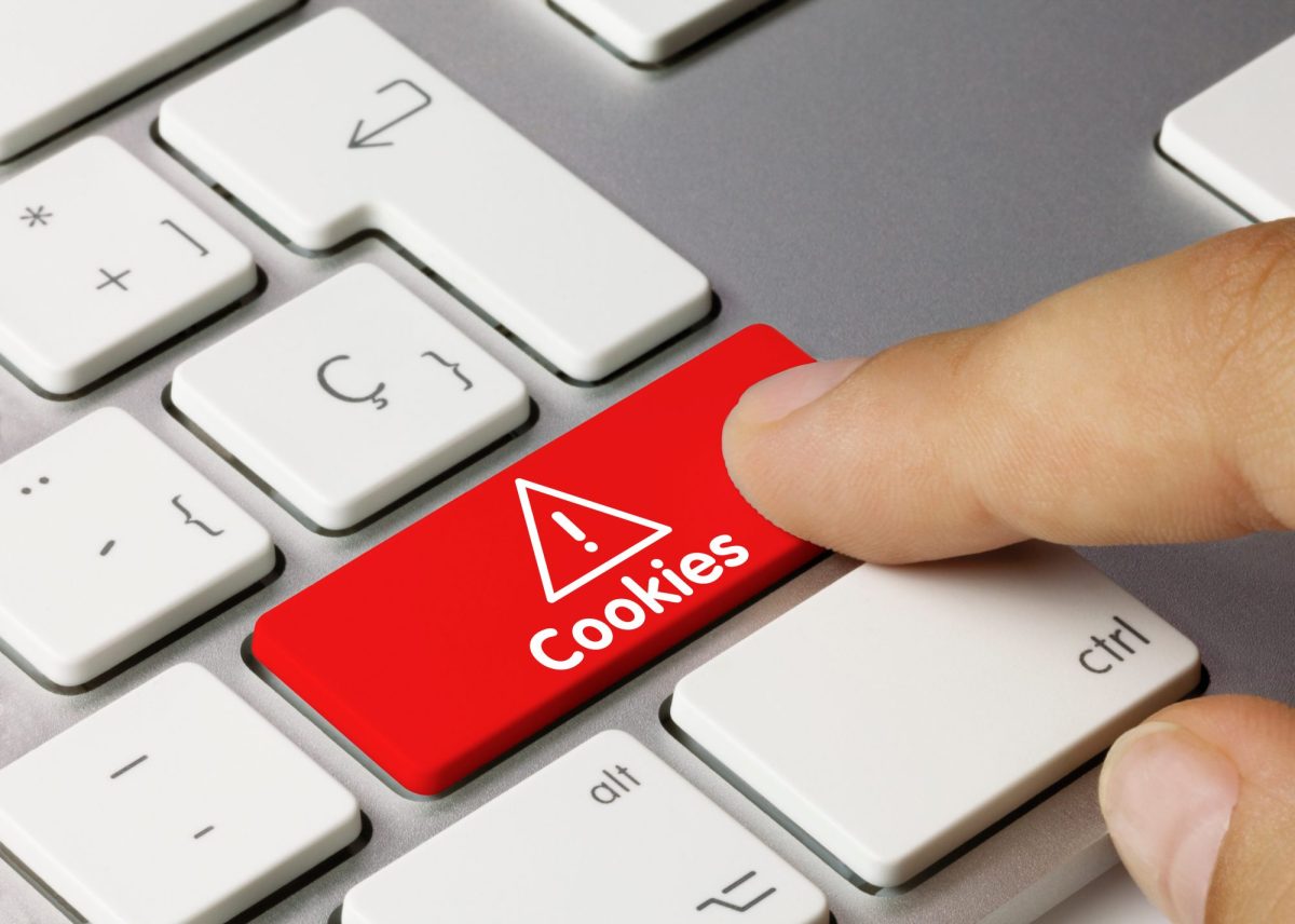 Eine Person drückt eine mit "Cookies" beschriftete Taste auf einer Tastatur.