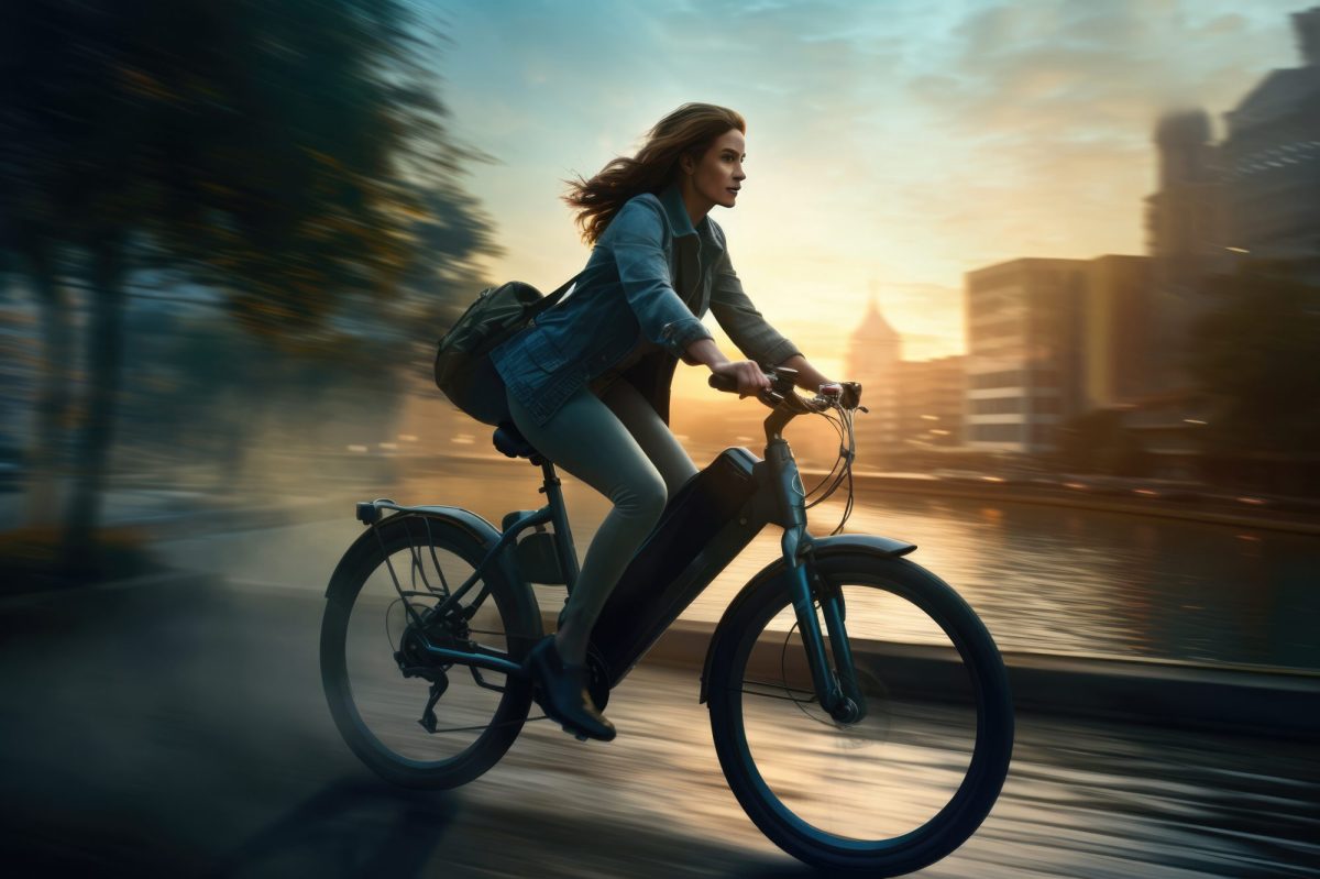 Eine Frau fährt auf ihrem E-Bike durch die Stadt.