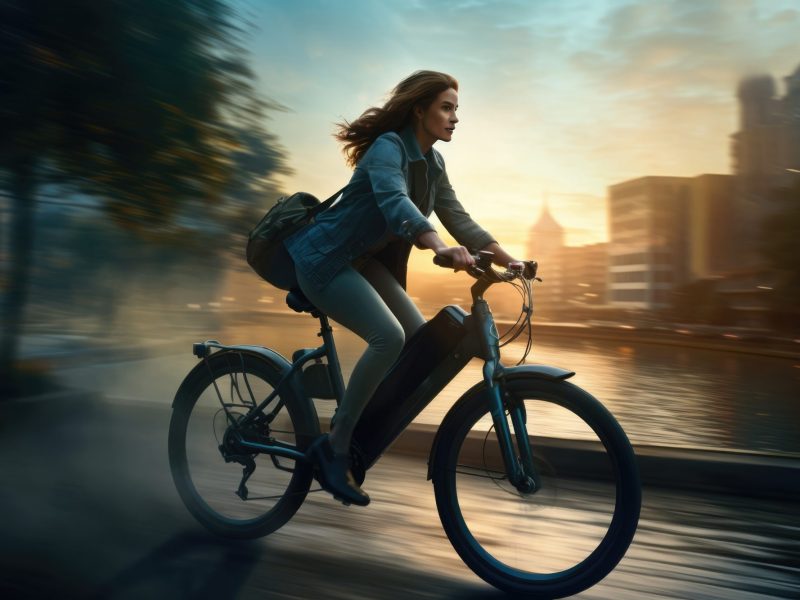 Eine Frau fährt auf ihrem E-Bike durch die Stadt.