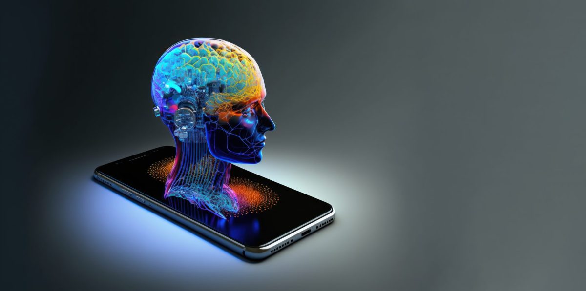 Symbolbild der Google Gemini-KI: bunter Kopf, der sich aus einem Smartphone-Display erhebt.