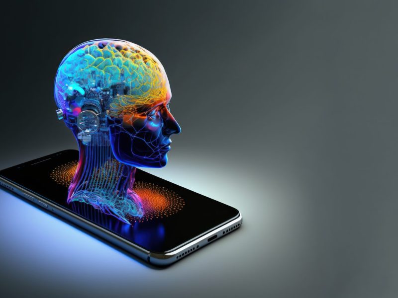 Symbolbild der Google Gemini-KI: bunter Kopf, der sich aus einem Smartphone-Display erhebt.