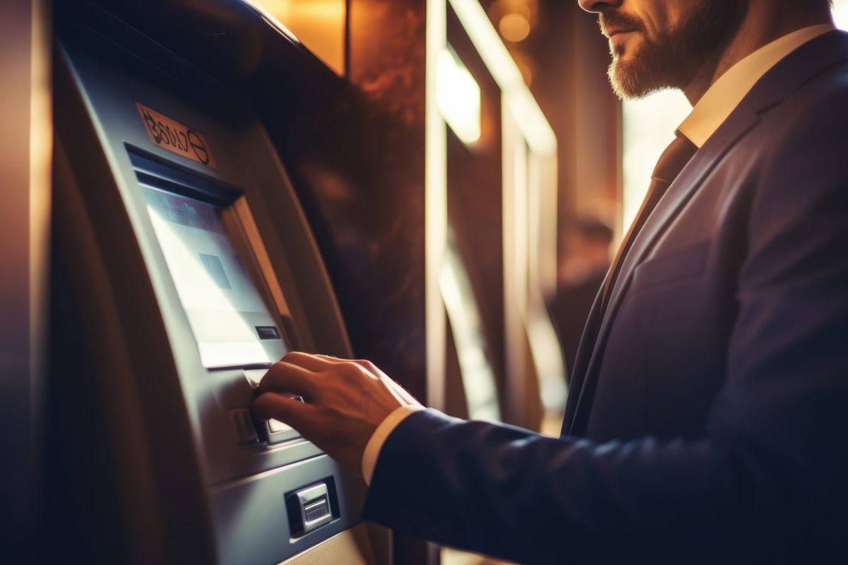 Ein Mann im Anzug steht am Bankautomat.