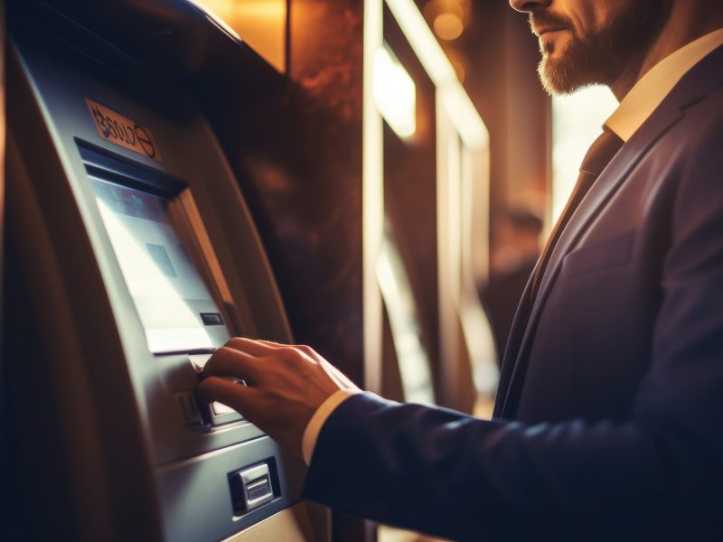 Ein Mann im Anzug steht am Bankautomat.