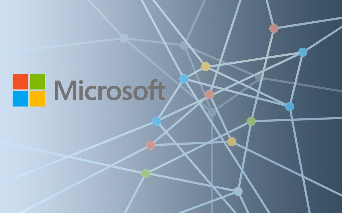 Das Microsoft-Logo erscheint vor einem Netz mit bunten Punkten.