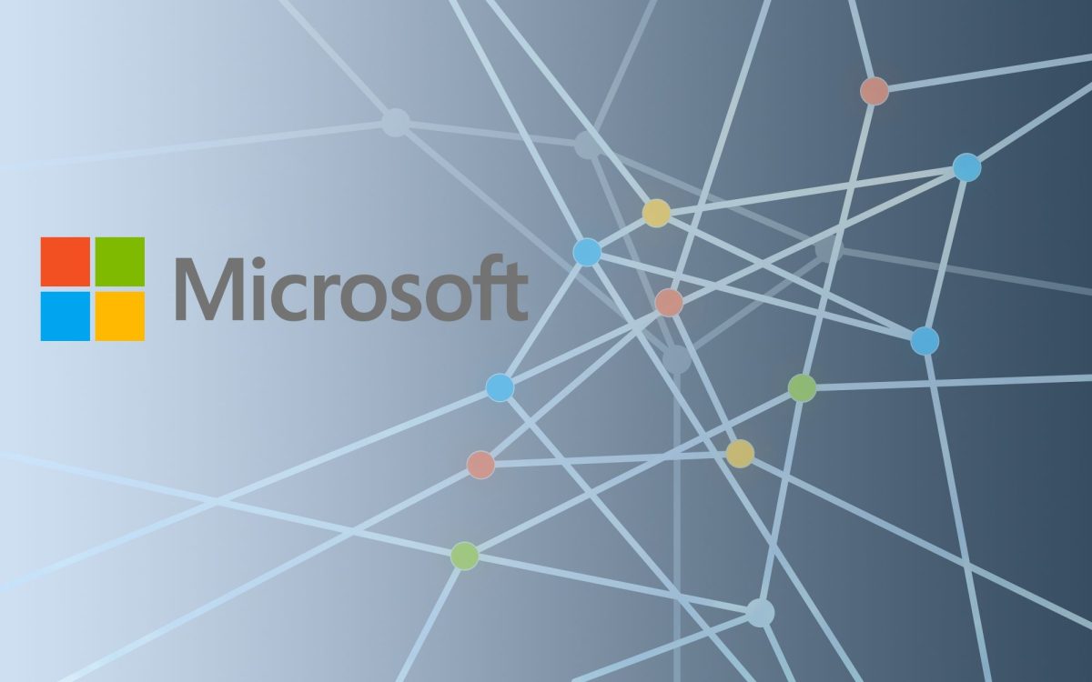 Das Microsoft-Logo erscheint vor einem Netz mit bunten Punkten.