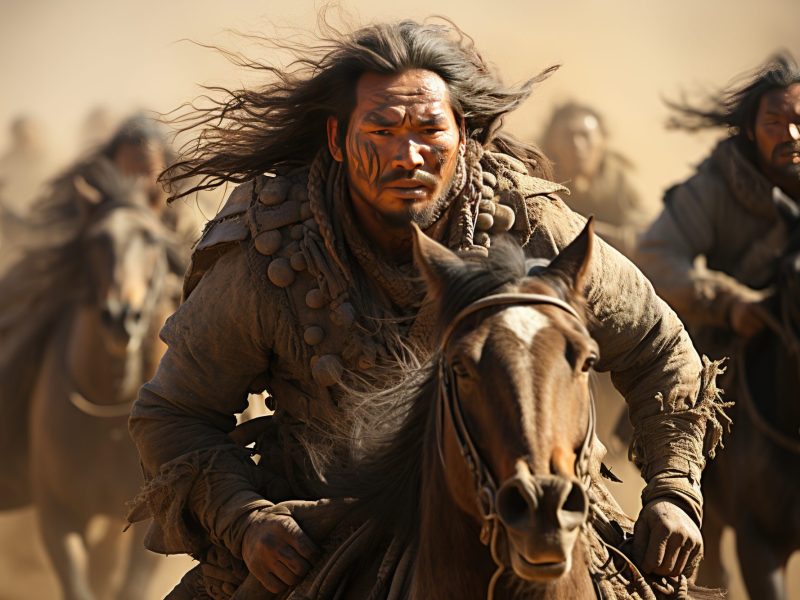 Eine Gruppe mongolischer Krieger zu Pferde.