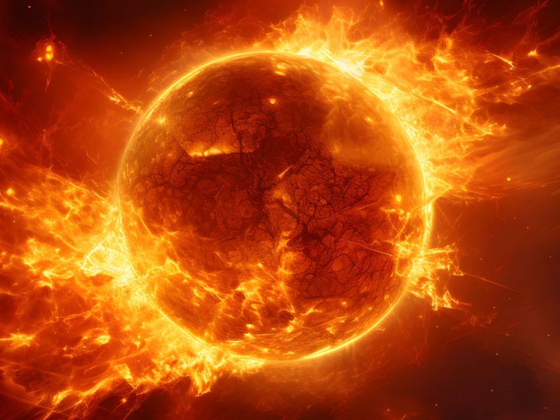 KI-generiertes Bild einer Sonne mit Sonnenstürmen.