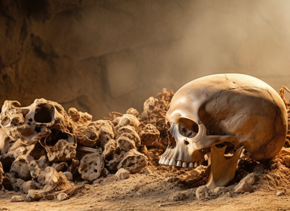 Ein menschlicher Totenkopf mit Knochen liegt unter der Erde begraben.
