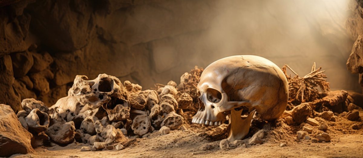 Ein menschlicher Totenkopf mit Knochen liegt unter der Erde begraben.