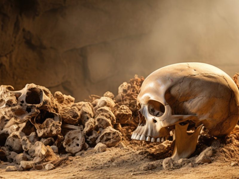 Ein menschlicher Totenkopf mit Knochen liegt unter der Erde begraben.