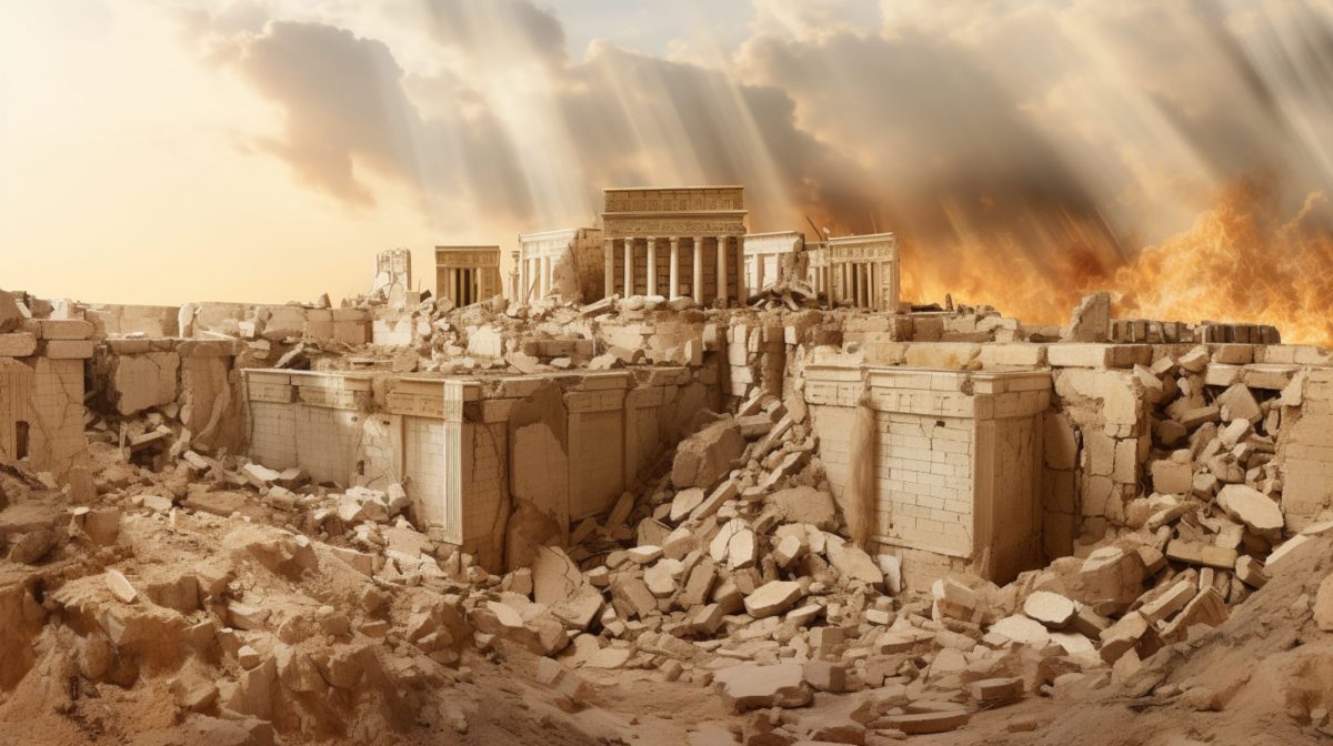 Ansicht eines zerstörten antiken Tempels.