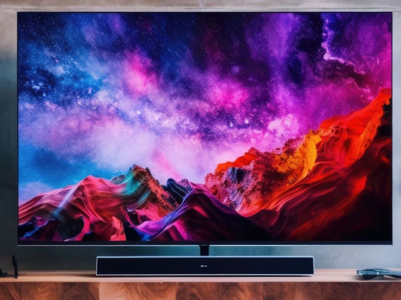 KI-generiertes Bild von einem OLED-TV in einem Wohnzimmer.