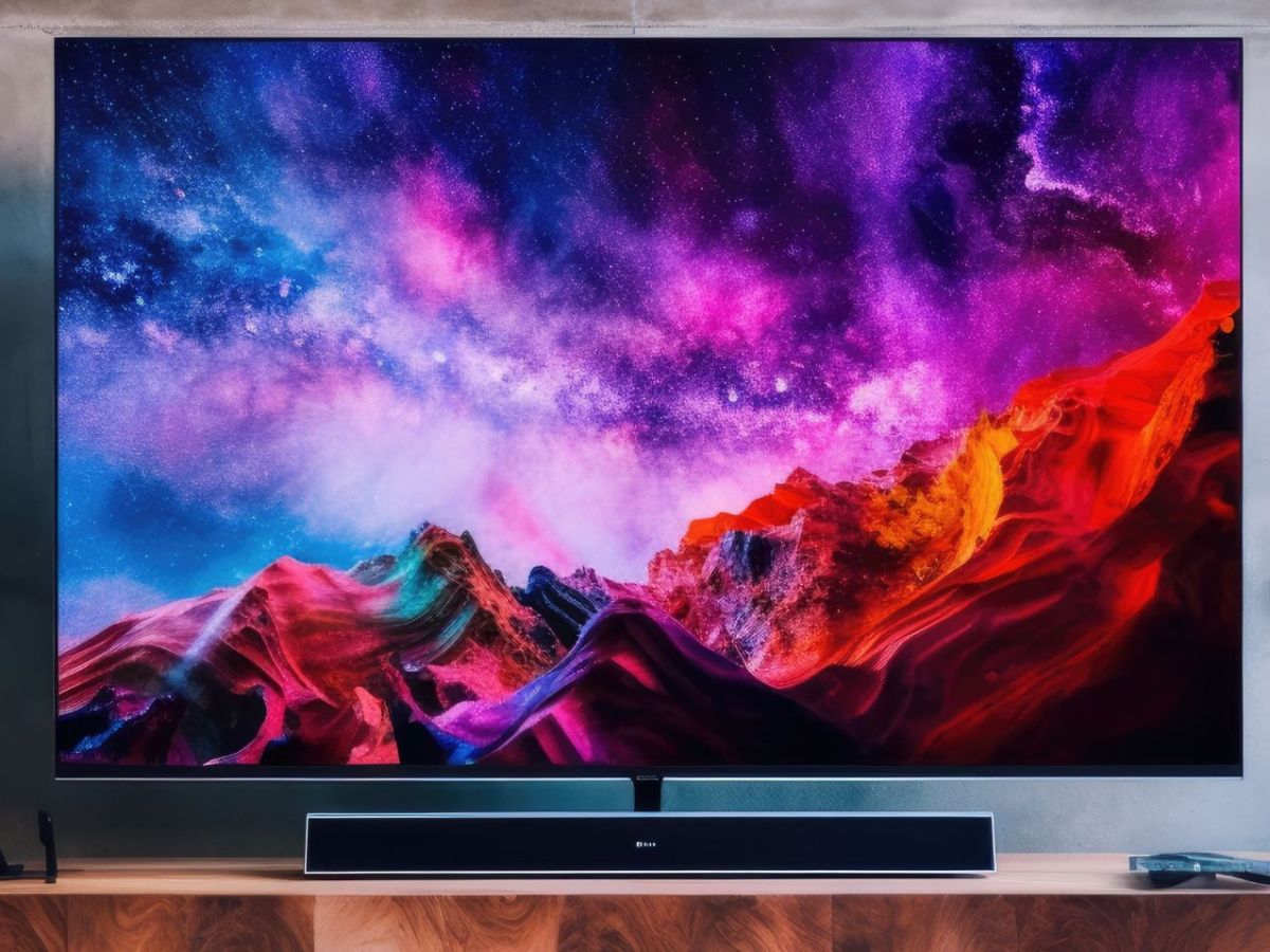 KI-generiertes Bild von einem OLED-TV in einem Wohnzimmer.