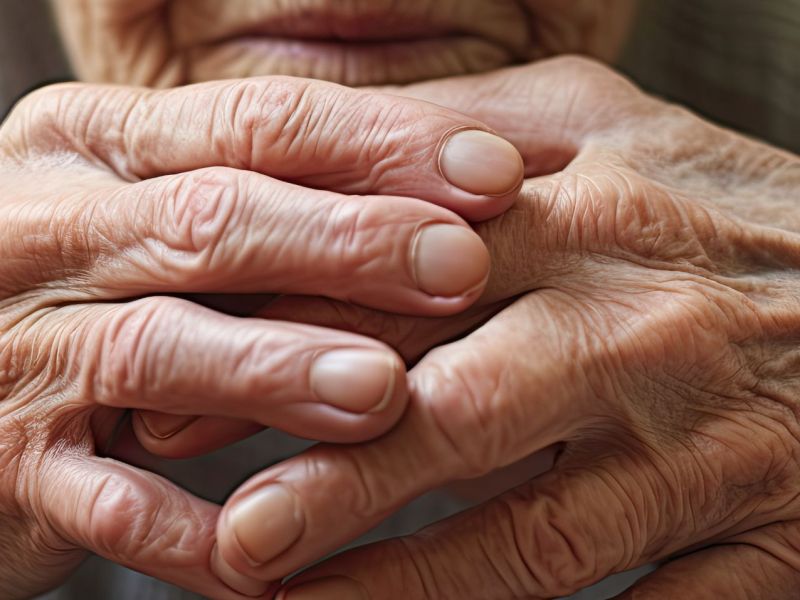 KI-generiertes Bild einer alten Frau mit zusammengefalteten Händen.