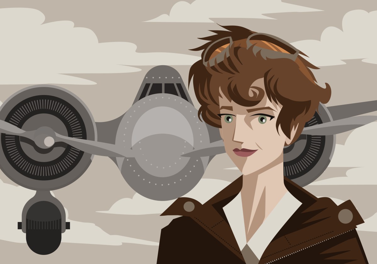 Illustration von Amelia Earhart vor ihrem Flugzeug