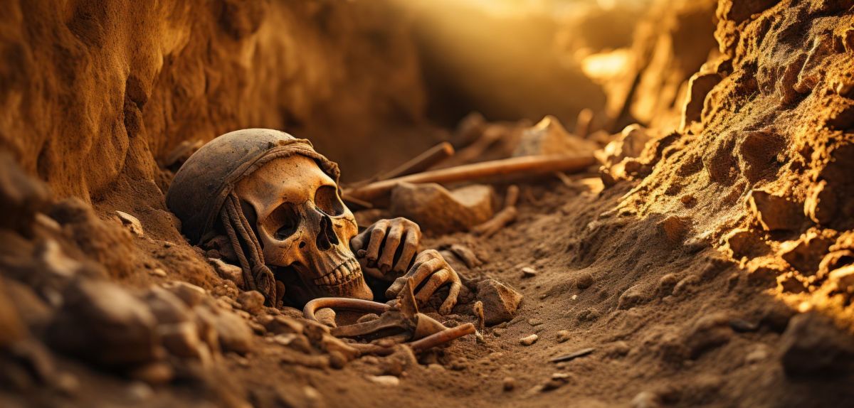 KI-generiertes Bild von einem Totenschädel in einer Grube.