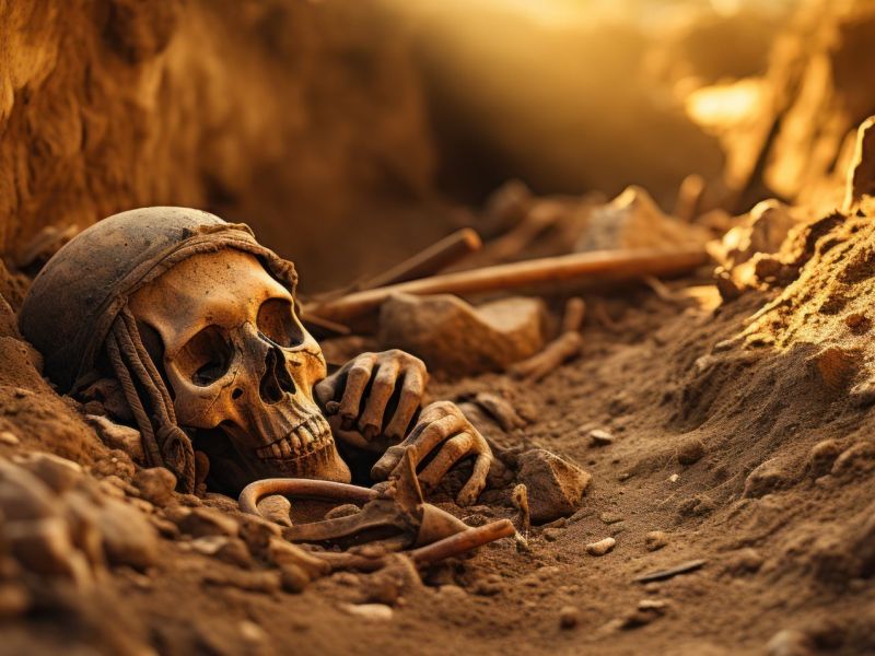 KI-generiertes Bild von einem Totenschädel in einer Grube.
