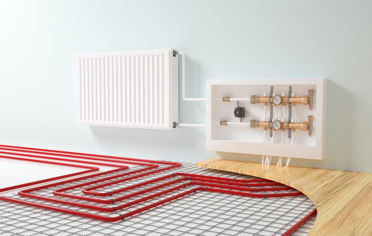 3D-Render vom Aufbau einer Fußbodenheizung.