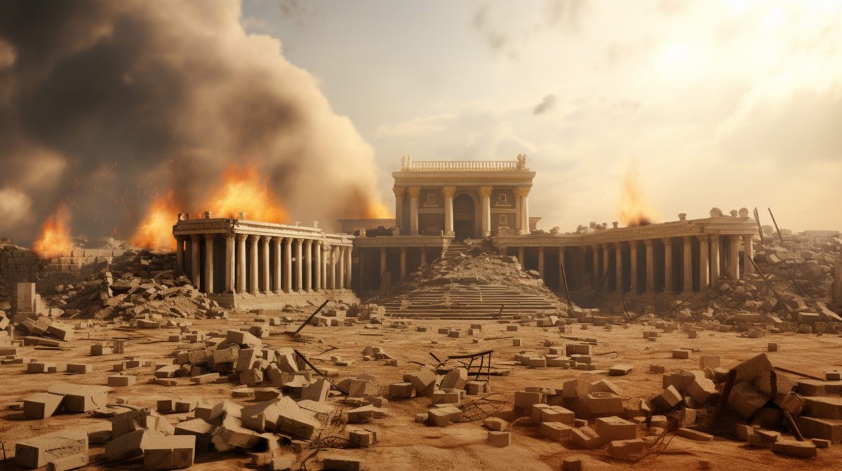 Darstellung eines antiken Tempels in Flammen.