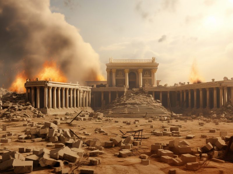 Darstellung eines antiken Tempels in Flammen.
