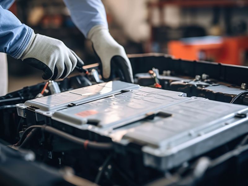 Mechaniker arbeitet an einer Batterie in einem Elektroauto.