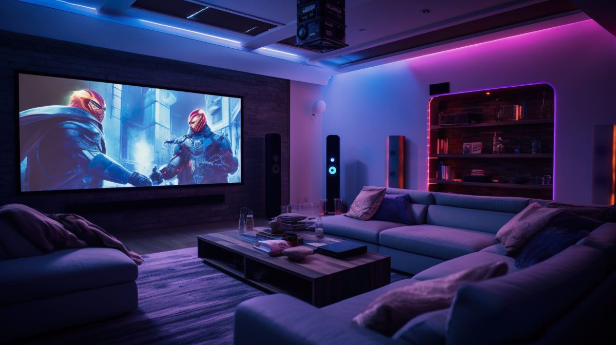 Auf einem Fernseher im Wohnzimmer läuft ein Science-Fiction-Film.