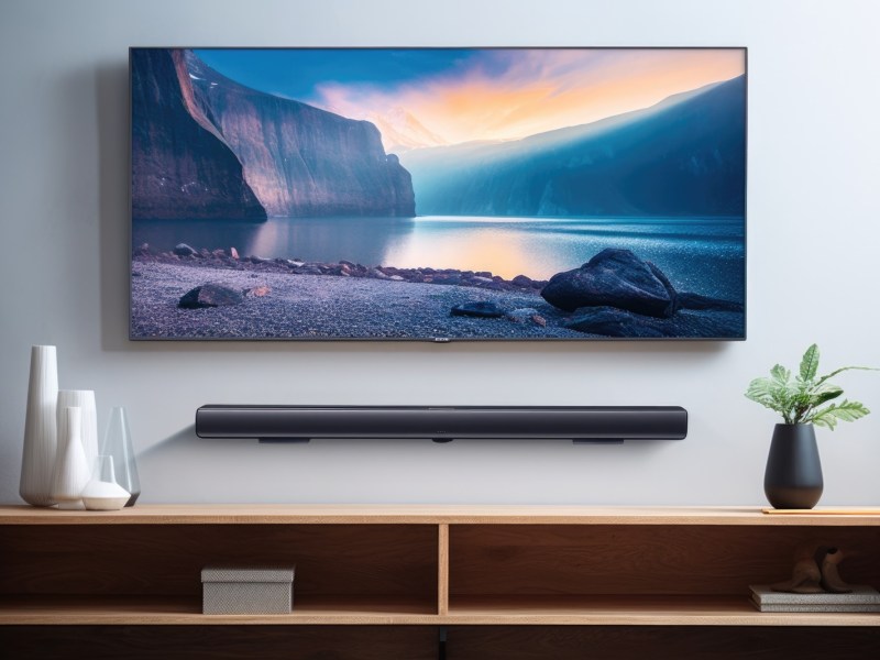 Ein Fernseher hängt an der Wand und darunter ist eine Soundbar platziert.