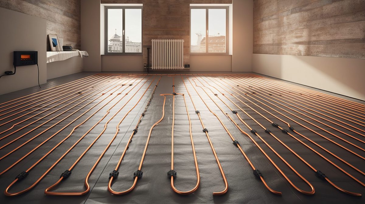3D-Render der Leitungen einer Fußbodenheizung.