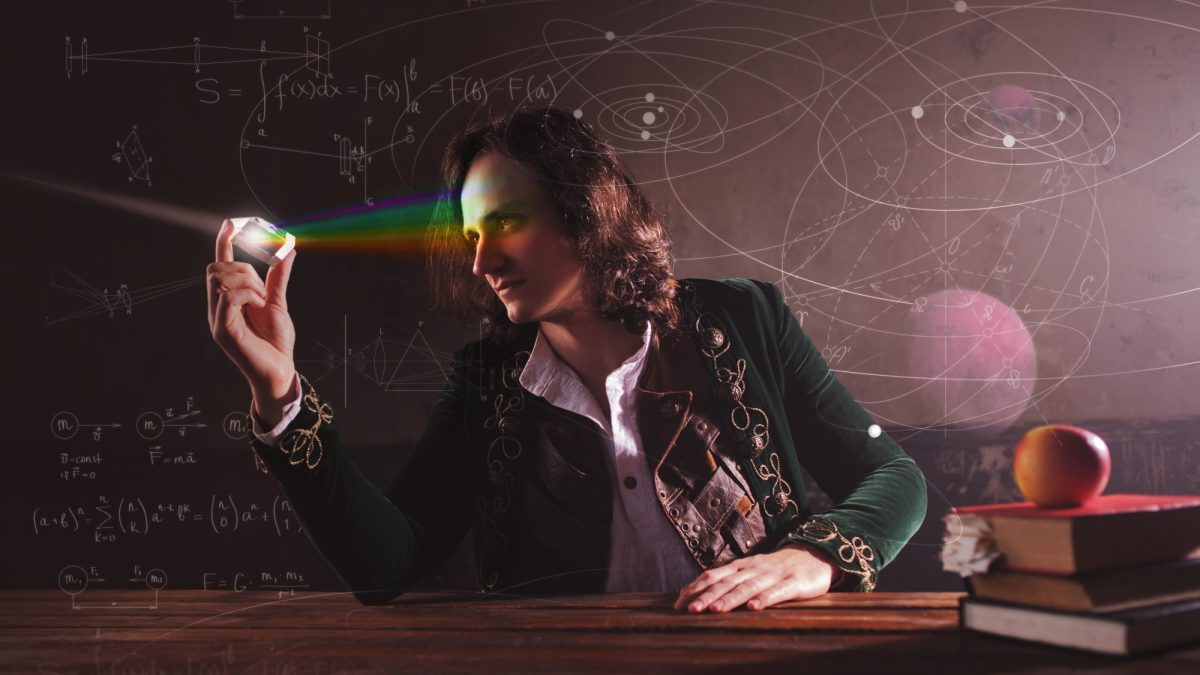 Isaac Newton hält eine Kugel aus Glas