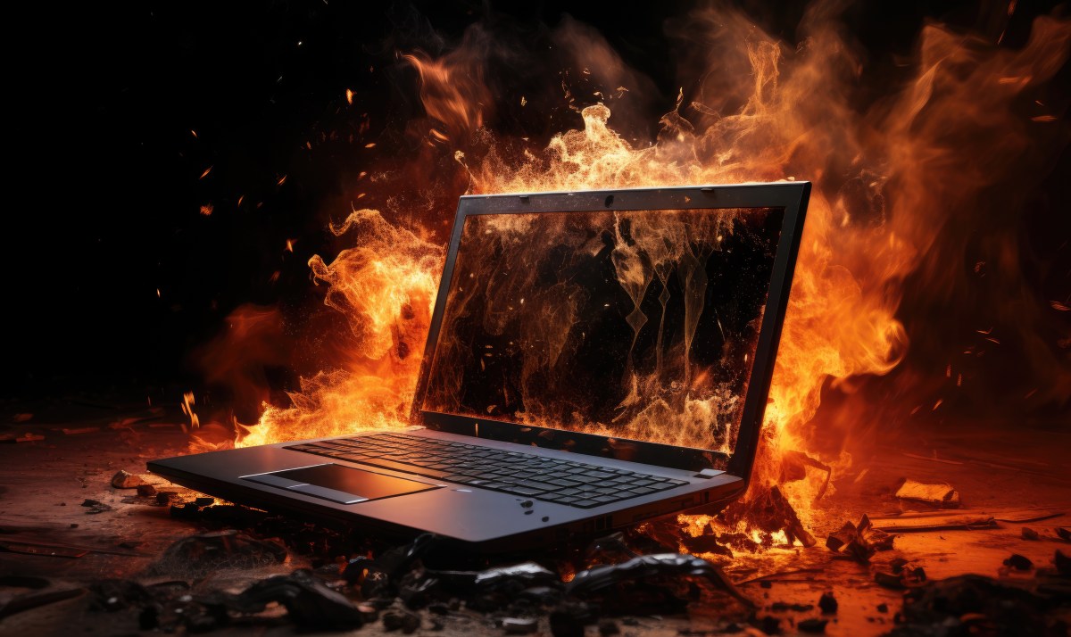 Brennender Laptop vor schwarzem Hintergrund
