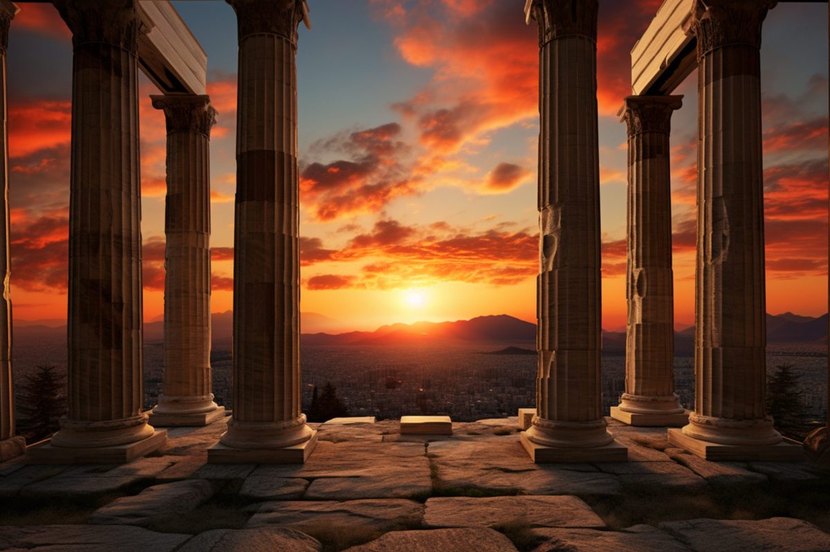Die Ruinen eines antiken römischen Tempels bei Sonnenuntergang.