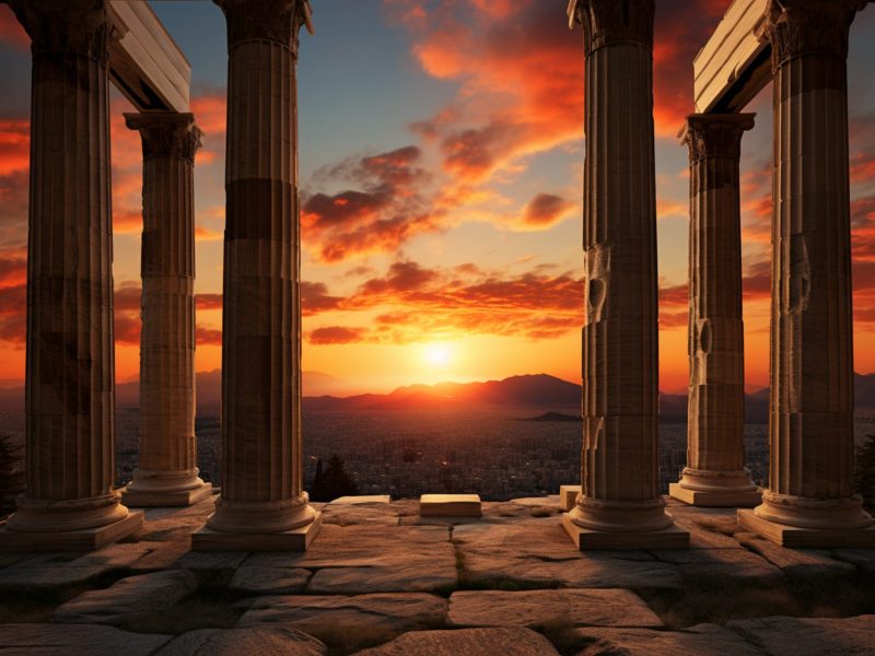 Die Ruinen eines antiken römischen Tempels bei Sonnenuntergang.