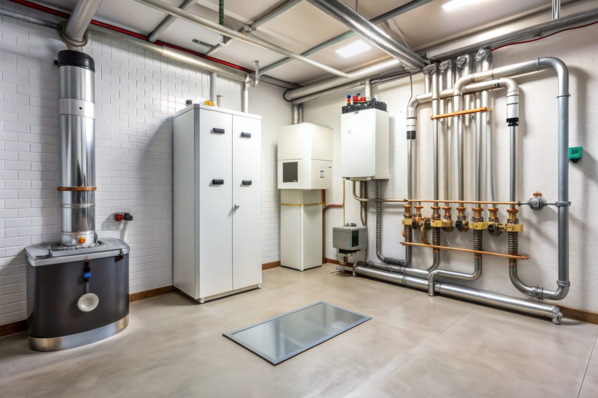 KI-Render einer Wärmepumpe mit Fußbodenheizung.