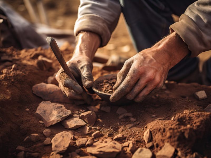 KI-Render eines Mannes, der eine archäologische Ausgrabung vornimmt.