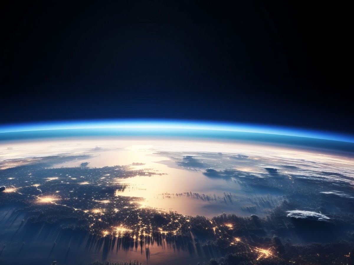 Grafische Darstellung der Erde mitsamt Atmosphäre vom Weltall aus.