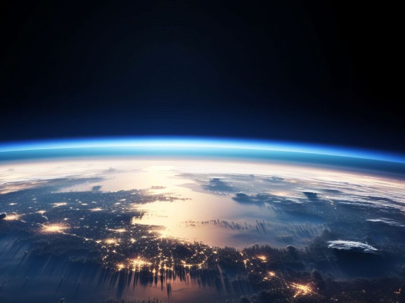 Grafische Darstellung der Erde mitsamt Atmosphäre vom Weltall aus.